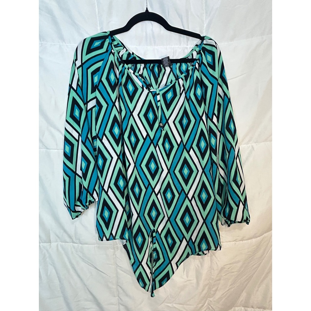 NEW DIRECTIONS Women's XL Geometric Print Tie Neck Long Sleeve Blouse Top